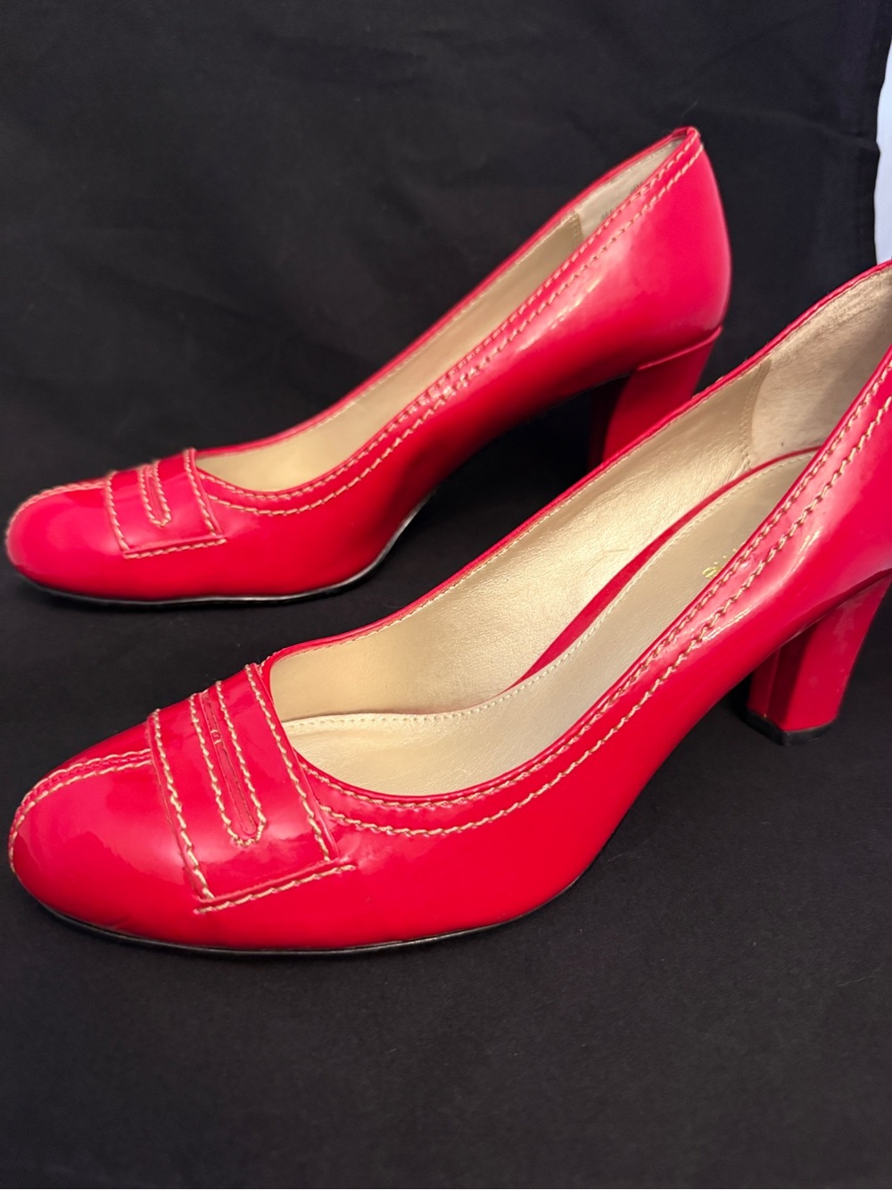 Red Patent Mid Block Heel Pumps